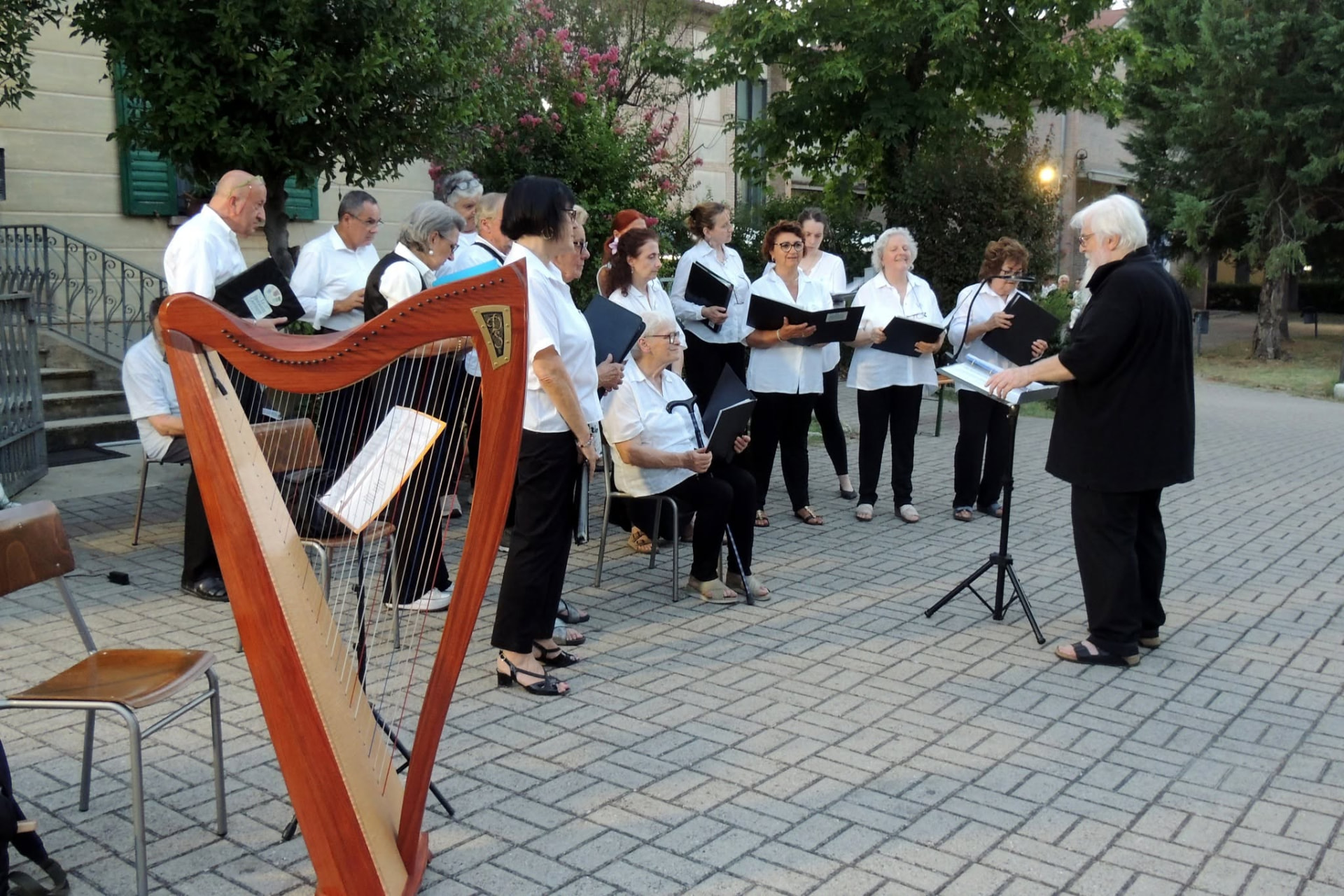 Il coro con l'arpa durante un concerto estivo in piazza