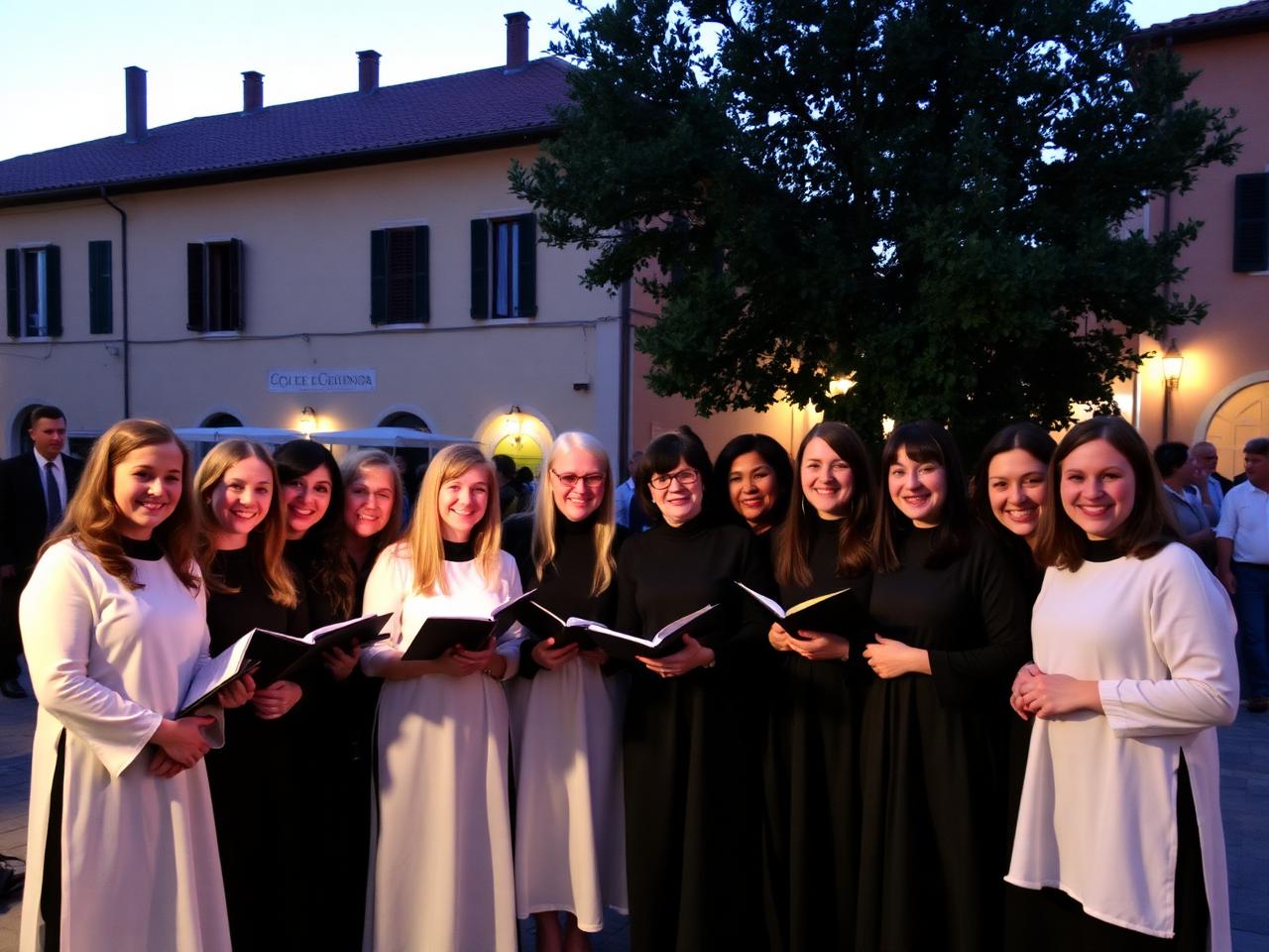 Coristi sorridenti insieme dopo un concerto